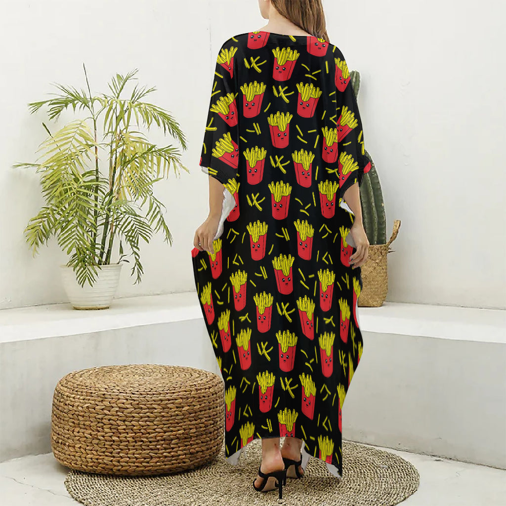 Cartoon French Fries Pattern Print Silk V-Neck Kaftan Dress