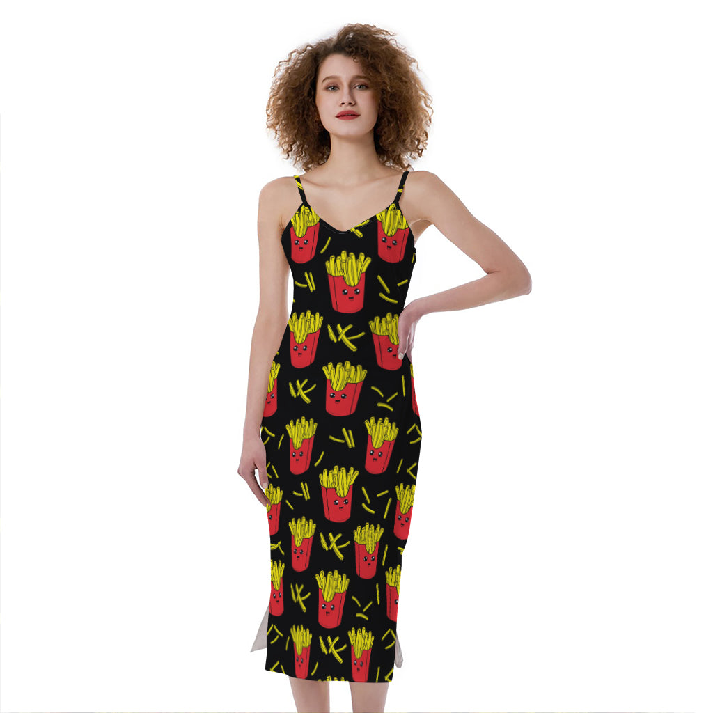 Cartoon French Fries Pattern Print Slim Fit Midi Cami Dress