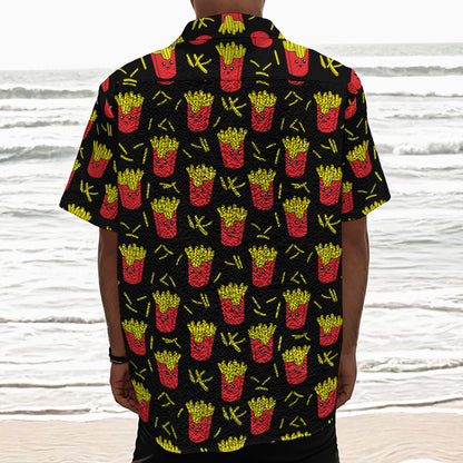 Cartoon French Fries Pattern Print Textured Short Sleeve Shirt