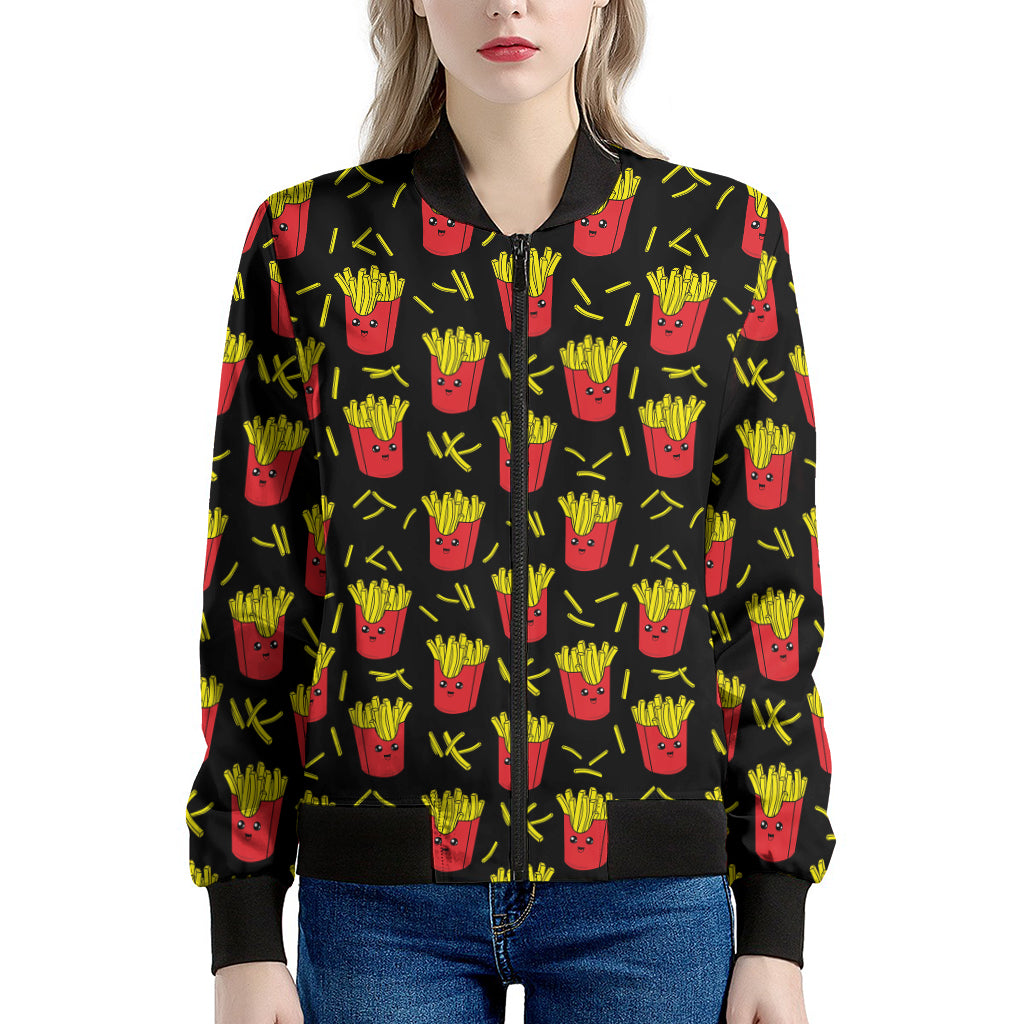 Cartoon French Fries Pattern Print Women's Bomber Jacket