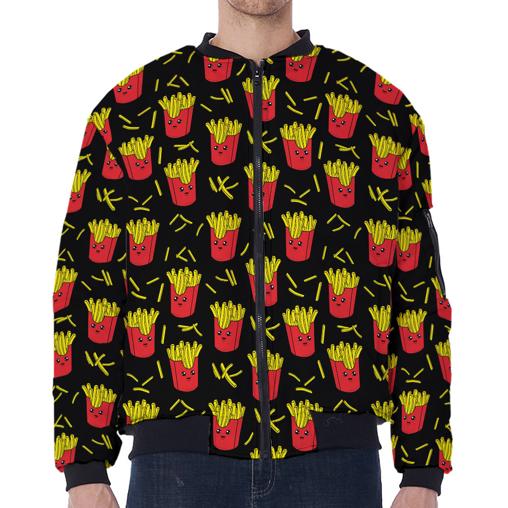 Cartoon French Fries Pattern Print Zip Sleeve Bomber Jacket