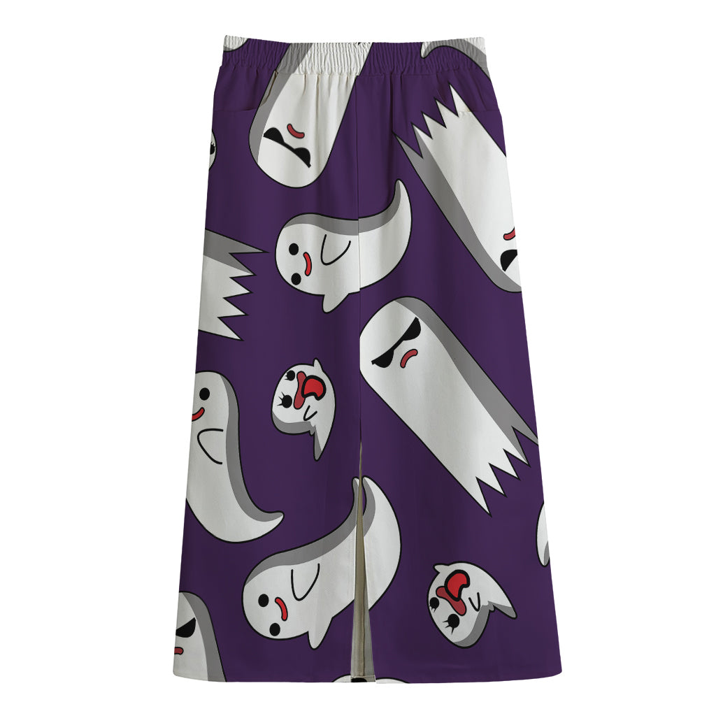 Cartoon Ghost Pattern Print Cotton Front Slit Maxi Skirt