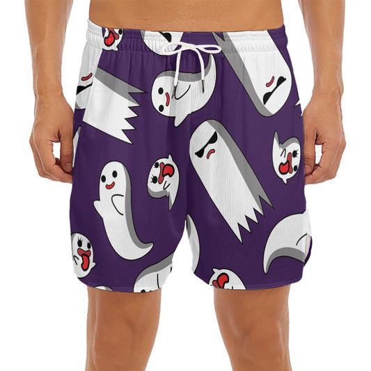 Cartoon Ghost Pattern Print Men's Split Running Shorts