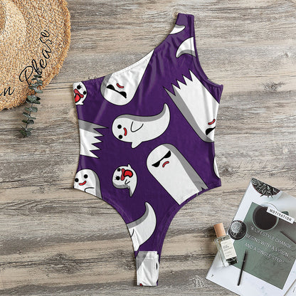 Cartoon Ghost Pattern Print One Shoulder Bodysuit