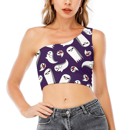 Cartoon Ghost Pattern Print One Shoulder Crop Top