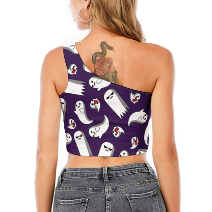Cartoon Ghost Pattern Print One Shoulder Crop Top