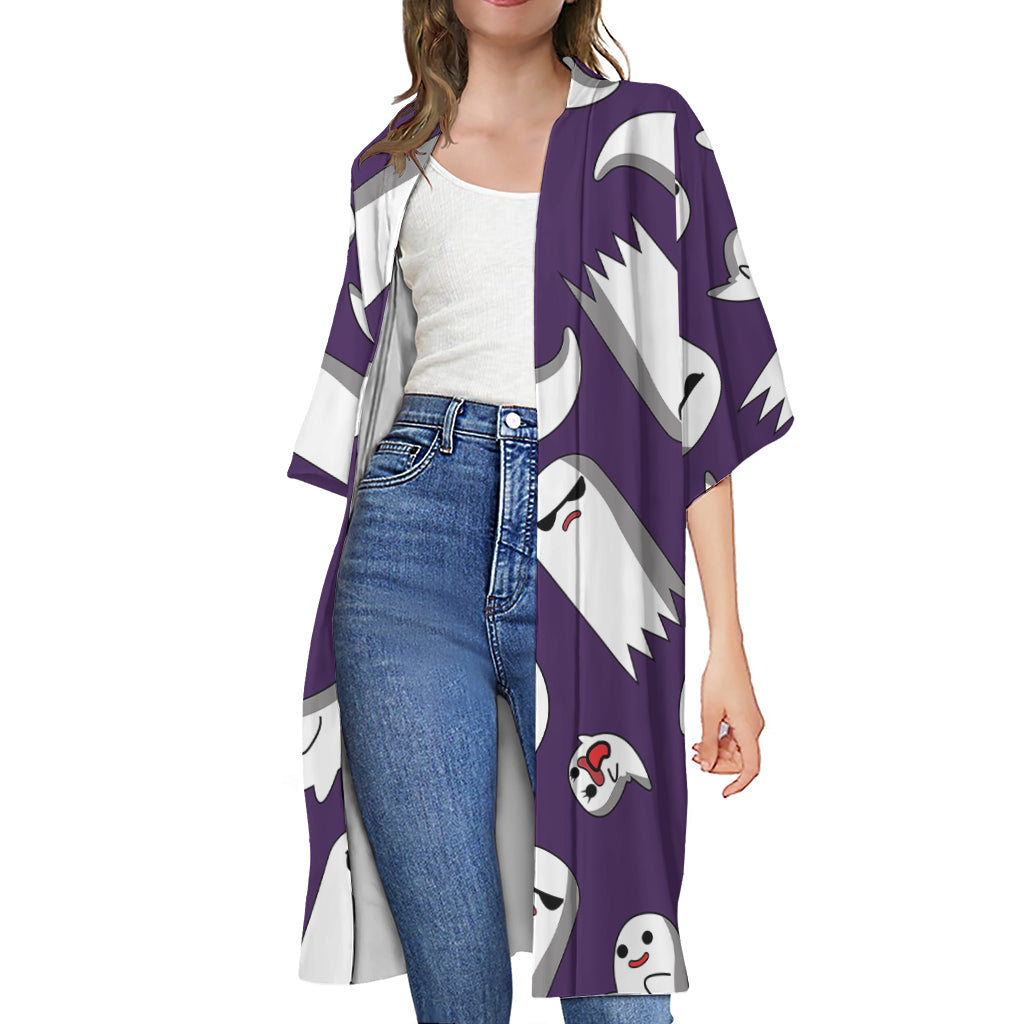 Cartoon Ghost Pattern Print Open Front Beach Cover Up