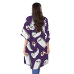 Cartoon Ghost Pattern Print Open Front Beach Cover Up