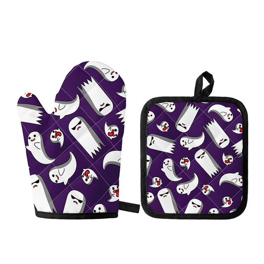 Cartoon Ghost Pattern Print Oven Mitt And Pot Holder Set
