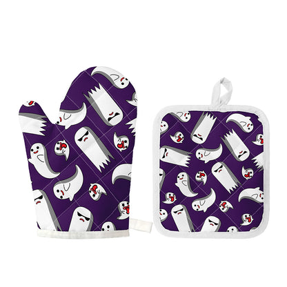 Cartoon Ghost Pattern Print Oven Mitt And Pot Holder Set