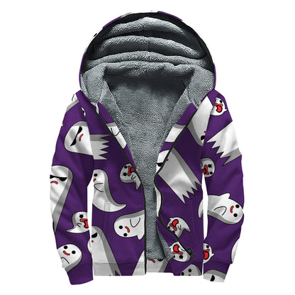 Cartoon Ghost Pattern Print Sherpa Lined Zip Up Hoodie