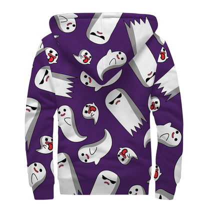 Cartoon Ghost Pattern Print Sherpa Lined Zip Up Hoodie