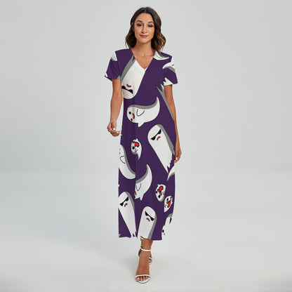 Cartoon Ghost Pattern Print Short Sleeve Maxi Dress