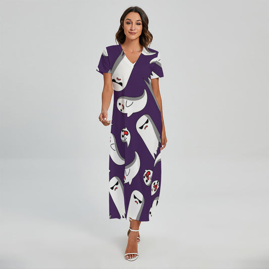 Cartoon Ghost Pattern Print Short Sleeve Maxi Dress