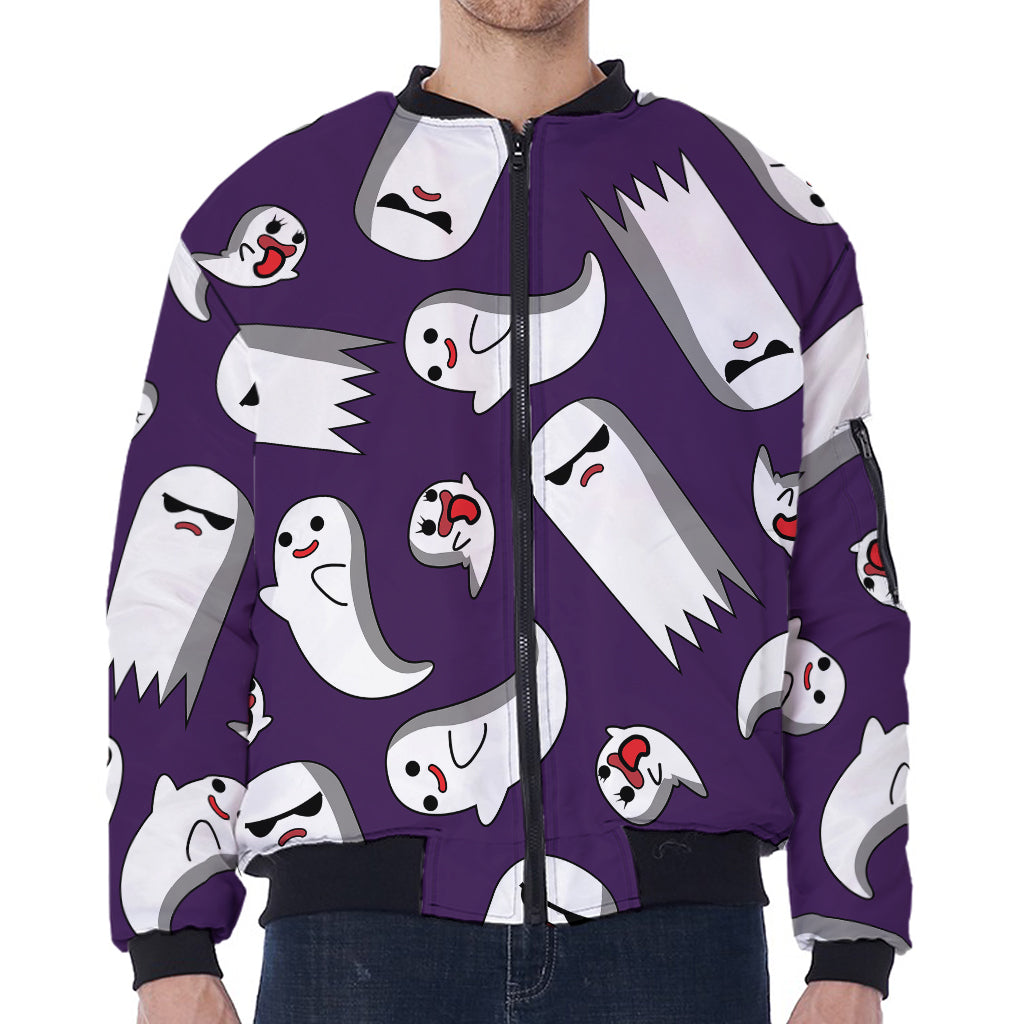 Cartoon Ghost Pattern Print Zip Sleeve Bomber Jacket