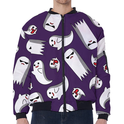 Cartoon Ghost Pattern Print Zip Sleeve Bomber Jacket