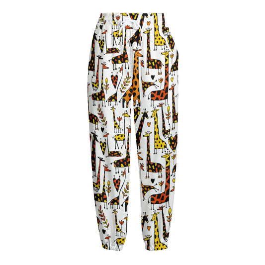 Cartoon Giraffe Pattern Print Fleece Lined Knit Pants