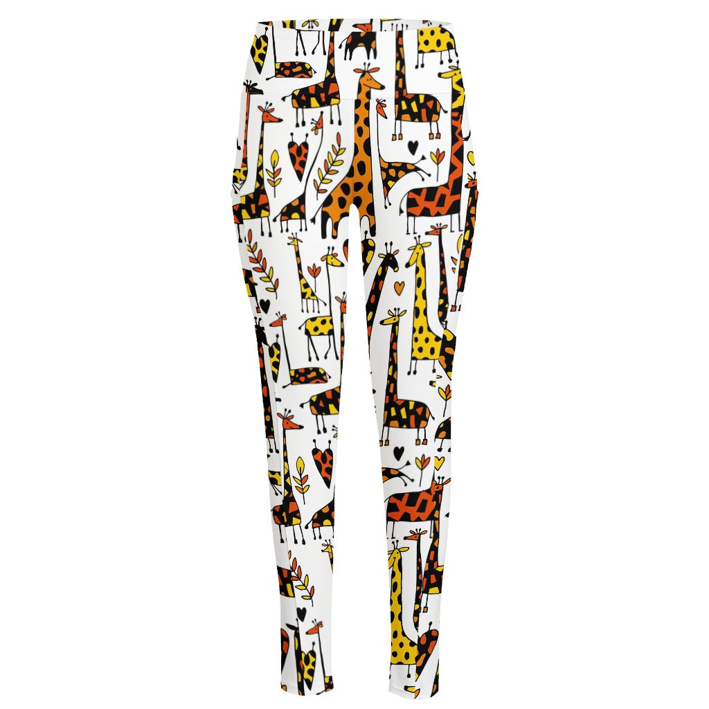 Cartoon Giraffe Pattern Print High-Waisted Pocket Leggings