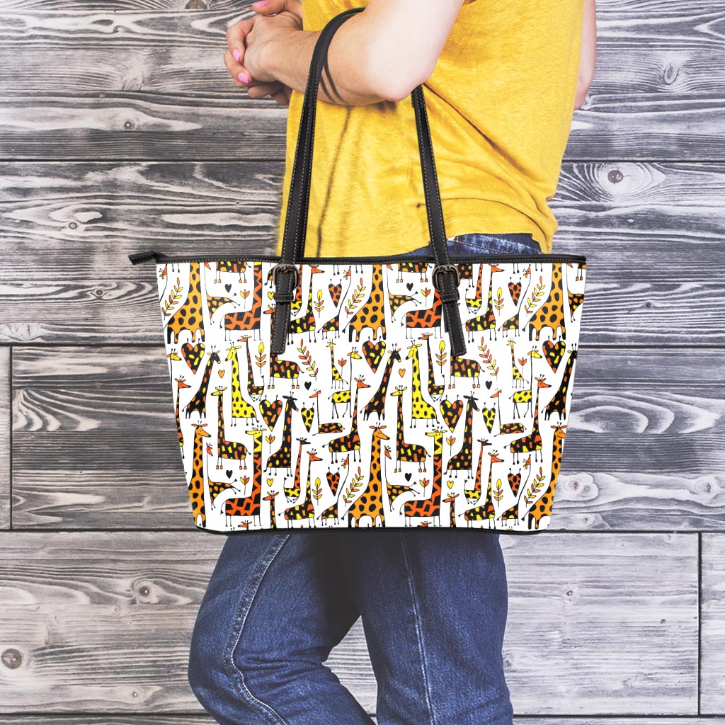 Cartoon Giraffe Pattern Print Leather Tote Bag