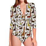 Cartoon Giraffe Pattern Print Long Sleeve Swimsuit