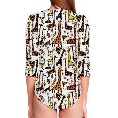 Cartoon Giraffe Pattern Print Long Sleeve Swimsuit