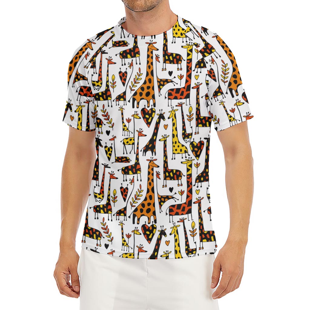 Cartoon Giraffe Pattern Print Men's Short Sleeve Rash Guard