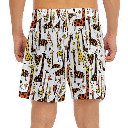 Cartoon Giraffe Pattern Print Men's Split Running Shorts