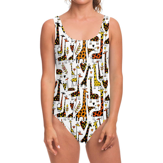 Cartoon Giraffe Pattern Print One Piece Swimsuit