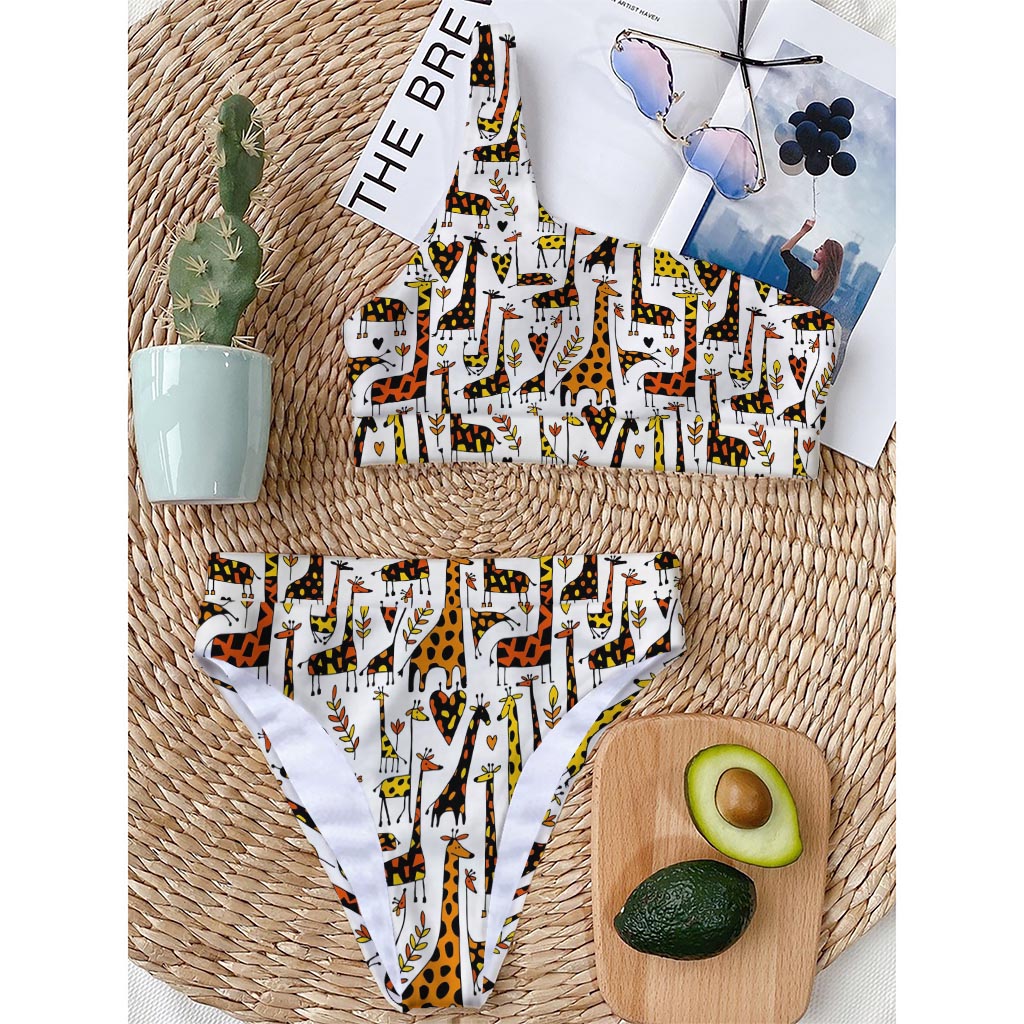 Cartoon Giraffe Pattern Print One Shoulder Bikini Top
