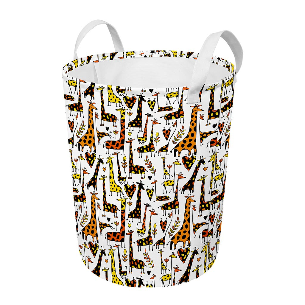 Cartoon Giraffe Pattern Print Round Laundry Basket