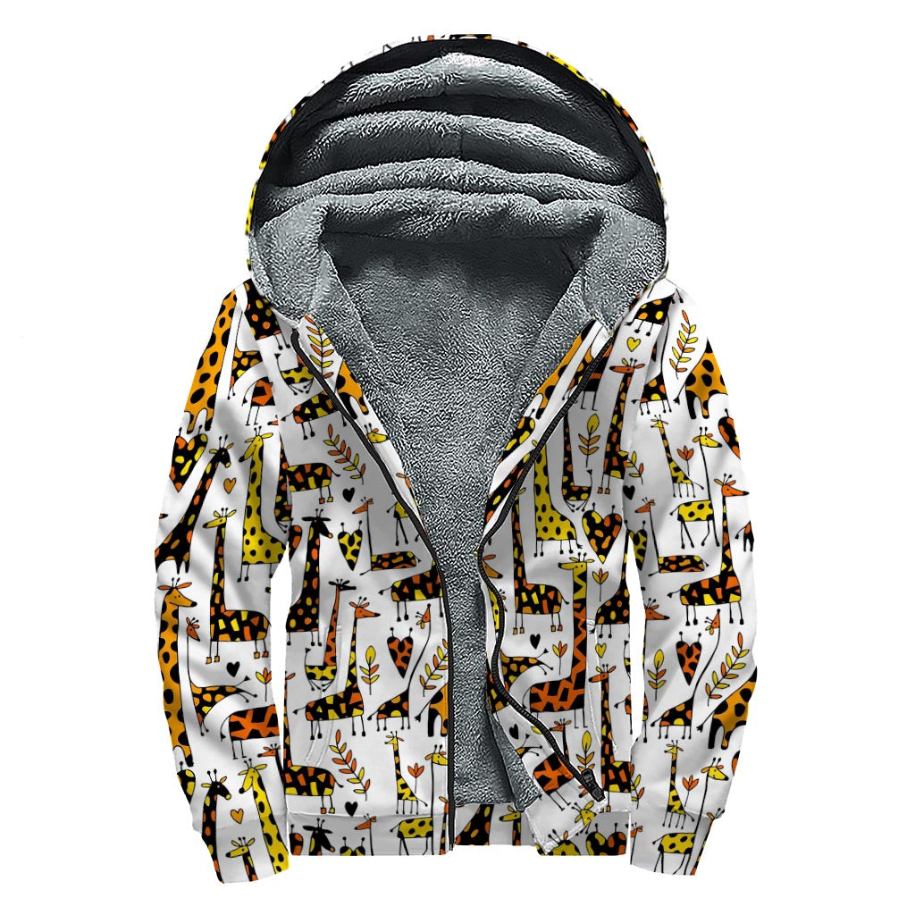 Cartoon Giraffe Pattern Print Sherpa Lined Zip Up Hoodie