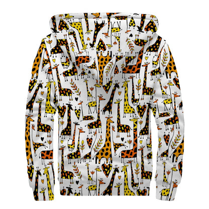 Cartoon Giraffe Pattern Print Sherpa Lined Zip Up Hoodie