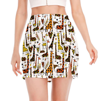 Cartoon Giraffe Pattern Print Side Slit Mini Skirt