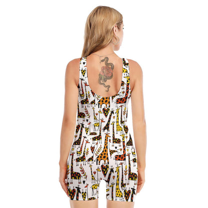 Cartoon Giraffe Pattern Print Sleeveless One Piece Swimsuit