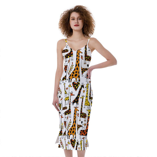 Cartoon Giraffe Pattern Print Slim Fit Midi Cami Dress