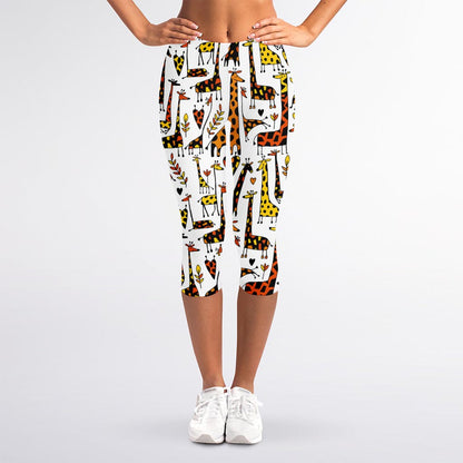 Cartoon Giraffe Pattern Print Women's Capri Leggings
