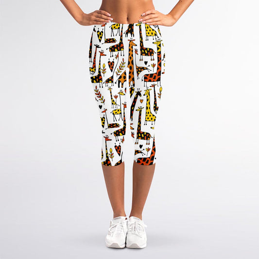 Cartoon Giraffe Pattern Print Women's Capri Leggings