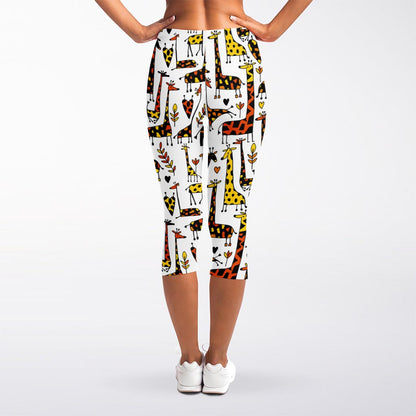 Cartoon Giraffe Pattern Print Women's Capri Leggings
