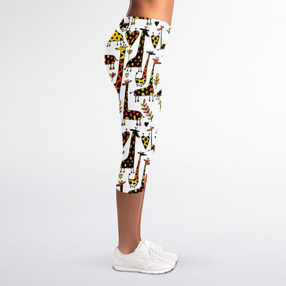 Cartoon Giraffe Pattern Print Women's Capri Leggings