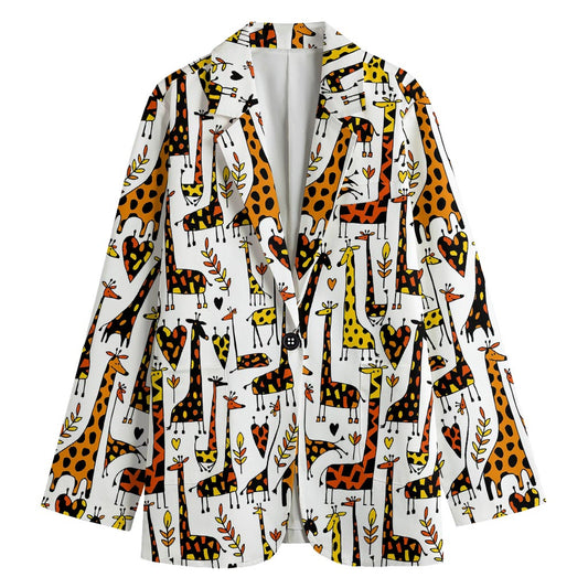 Cartoon Giraffe Pattern Print Women's Cotton Blazer