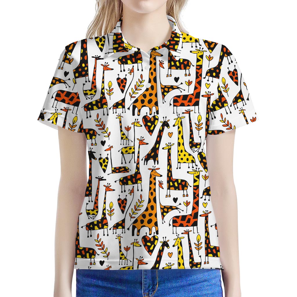 Cartoon Giraffe Pattern Print Women's Polo Shirt