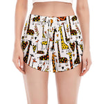 Cartoon Giraffe Pattern Print Women's Split Running Shorts