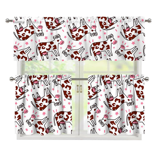 Cartoon Happy Dairy Cow Pattern Print 3 Piece Kitchen Curtains