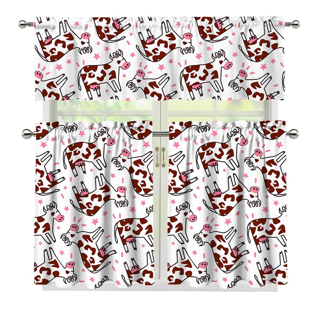 Cartoon Happy Dairy Cow Pattern Print 3 Piece Kitchen Curtains