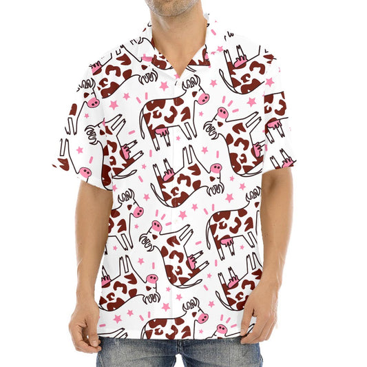 Cartoon Happy Dairy Cow Pattern Print Aloha Shirt