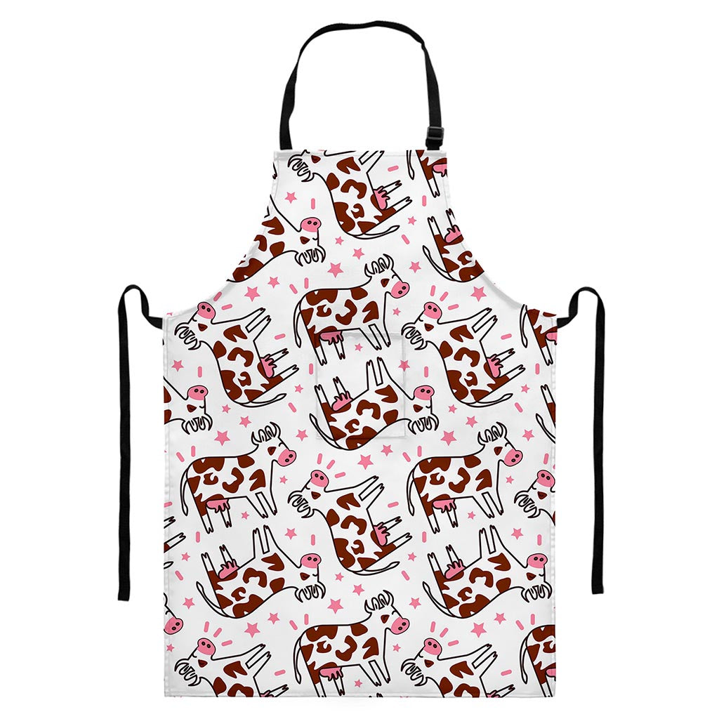 Cartoon Happy Dairy Cow Pattern Print Bib Apron With Pocket