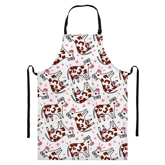 Cartoon Happy Dairy Cow Pattern Print Bib Apron With Pocket