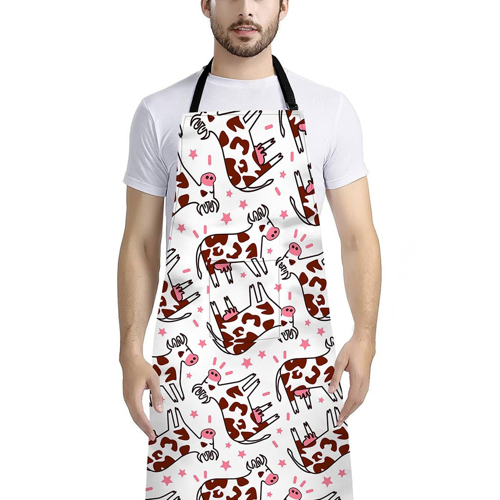 Cartoon Happy Dairy Cow Pattern Print Bib Apron With Pocket