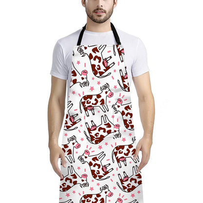 Cartoon Happy Dairy Cow Pattern Print Bib Apron With Pocket
