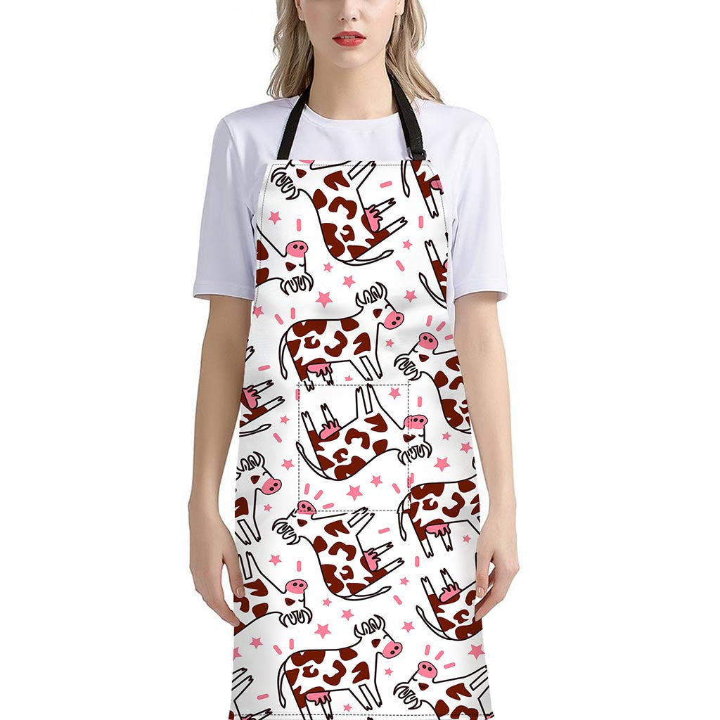 Cartoon Happy Dairy Cow Pattern Print Bib Apron With Pocket